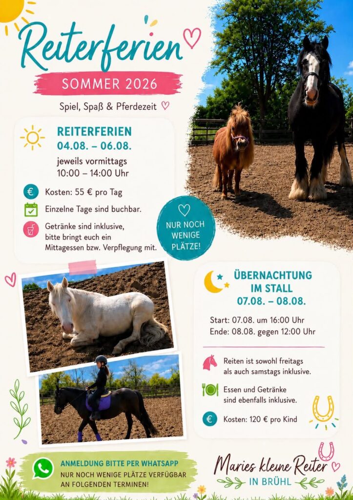 Flyer Reiterferien Sommer 2026 von Maries kleine Reiter in Brühl mit Terminen und Preisen