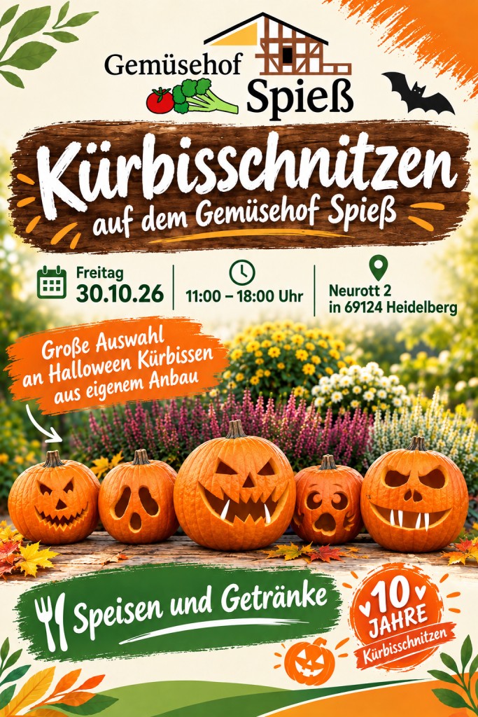 Einladungsplakat zum Kürbisschnitzen 2026 auf dem Gemüsehof Spieß in Heidelberg