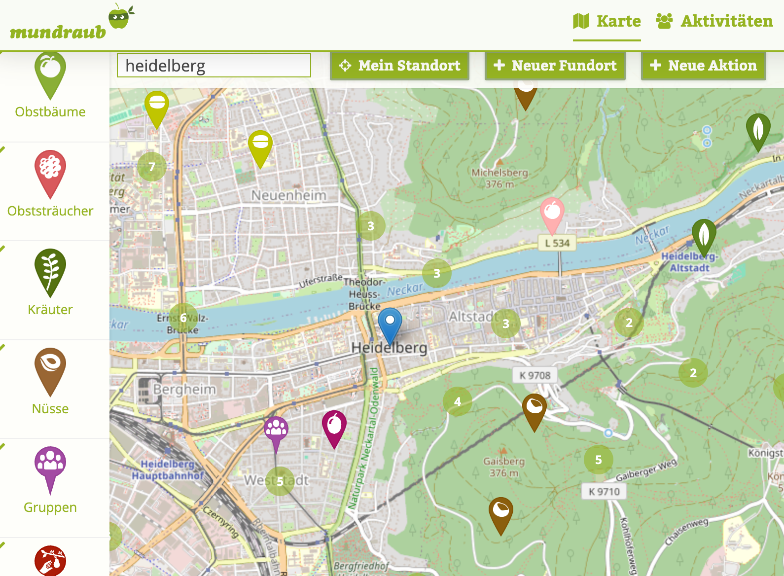 Mundraub.org Karte Heidelberg: Walnuss- und Kastanienbäume